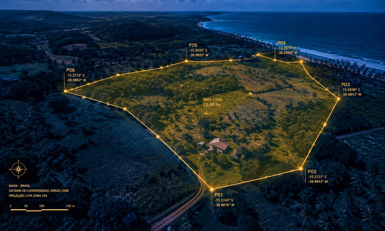 Vista aérea de propriedade rural com linhas de georreferenciamento