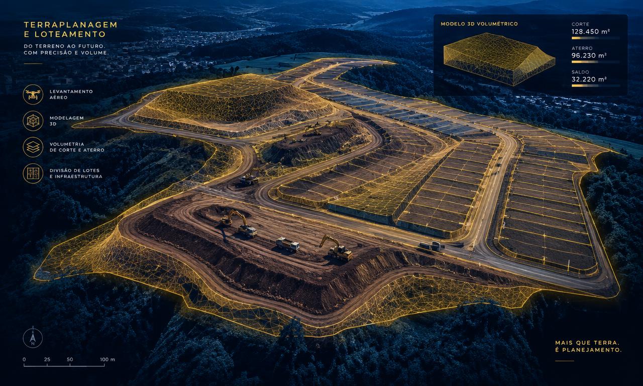 Terreno em terraplanagem com malha volumétrica digital sobreposta